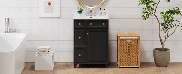 English Elm 24-Inch Bathroom Vanity Cabinet with Ceramic Sink, Space-Saving Storage, Solid Wood Feet, Durable Finish Black WF532034AAB