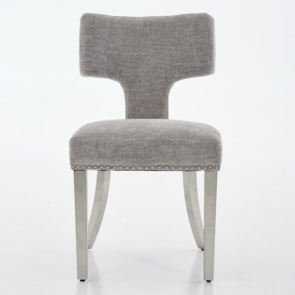 English Elm Mid Mid Century Modern Dining Chair Set with Curved Copper-Nail Backrest, High-Density Foam Seat, Brushed Stainless Legs Gray W1143P314900