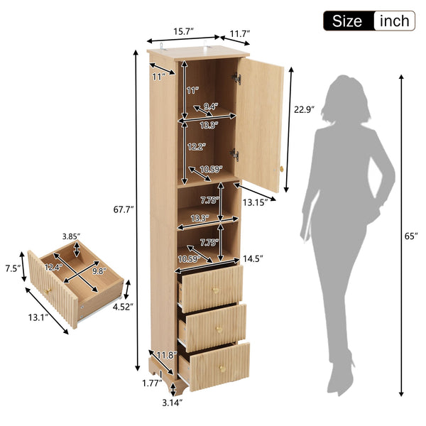 English Elm 67.7" Tall Freestanding Bathroom Cabinet with 3 Drawers, Open Shelves, Gold Handles, Anti-Tip Safety N729P335604O