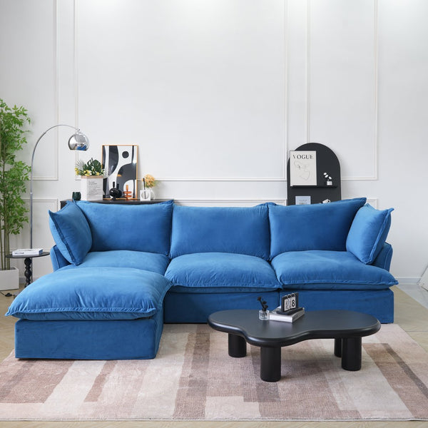 English Elm Sky Cloud Sectional Sofa with Cloud-Like Comfort, Modular L-Shaped Velvet Seating, Removable Covers, Storage Ottoman Blue B341S00022