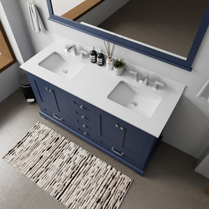 English Elm Navy Blue Double Bath Vanity Set With White Quartz Top, Faucet & 58" Mirror For Elegant Bathrooms B2731S00984