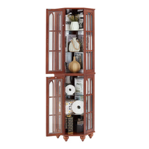 English Elm Corner Curio Cabinet with 6 Shelves, Tempered Glass Display, Built-In Lighting, Mirrored Back Walnut W1693P216949