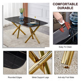 Hearth and Haven Large Modern Minimalist Rectangular Dining Table with 0.39 "Imitation Marble Black Tabletop and Golden Metal Legs, Paired with Chairs with Leatherette Cushions and Black Metal Legs. F-1538 C-007 W1151S00884 W1151S00884