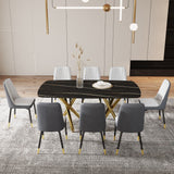 Hearth and Haven Large Modern Minimalist Rectangular Dining Table with 0.39 "Imitation Marble Black Tabletop and Golden Metal Legs, Paired with Chairs with Leatherette Cushions and Black Metal Legs. F-1538 C-007 W1151S00882 W1151S00882