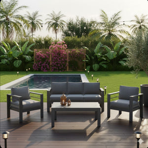 English Elm All-weather Outdoor 4 Piece Iron Conversation Set with Olefin Cushions and Wood Grain Table Gray B082S00104