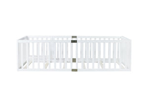 English Elm Twin House Frame Floor Bed Rubberwood with Roof Canopy and Safety Rails for Kids White W504P429538