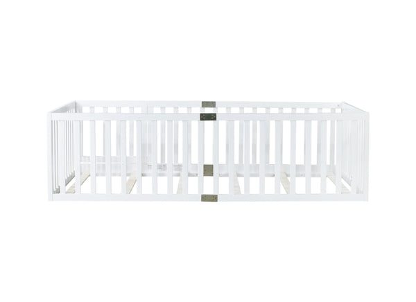 English Elm Twin House Frame Floor Bed Rubberwood with Roof Canopy and Safety Rails for Kids White W504P429538