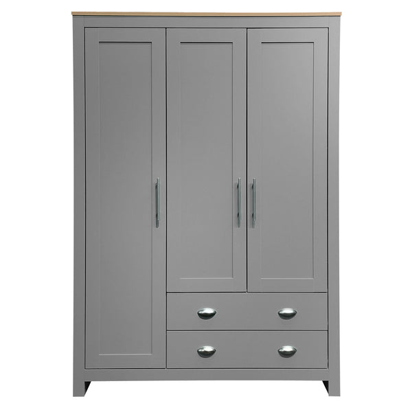 English Elm Three Door Pine Wardrobe with Two Drawers & Dual Hanging Rods, Gray Storage Armoire for Closet Organization, Sturdy MDF Build GX001834AAE