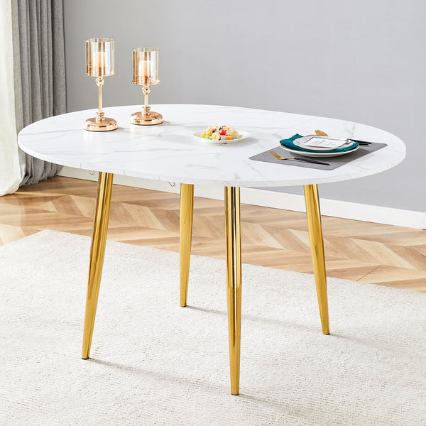 English Elm With Retractable Leaf Round Oval Mdf Top and Sleek Metal Legs Modern Dining Table White+Gold W1151S03870