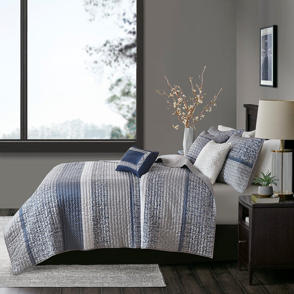 English Elm 6 Piece Rhapsody Reversible Jacquard Quilt Set Navy & Grey Full/Queen with 3 Decorative Pillows, Machine Washable B03597589