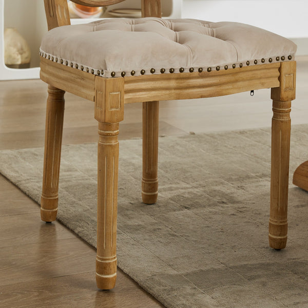 English Elm French Solid Wood Dining Chair with Velvet Upholstery, Nailhead Trim, High-Density Foam & Springs Beige W1143P195870