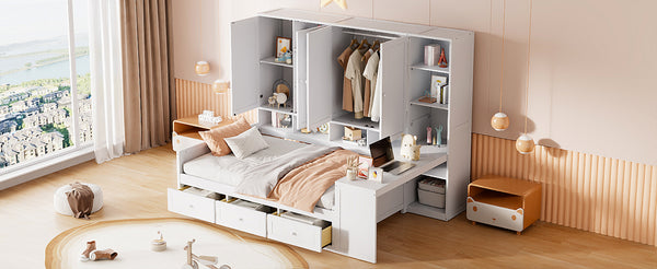 English Elm Full Size Wooden Daybed With Versatile Workspace, Three Storage Drawers, And Adjustable Shelves N820S00055K