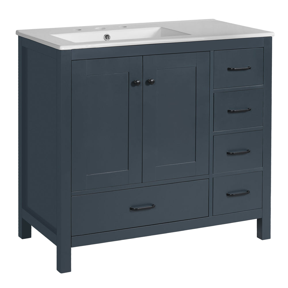 English Elm 36" Blue Bathroom Vanity with Ceramic Sink, 5 Drawers & Soft-Close Doors, Solid Wood Modern Storage N729P183735C