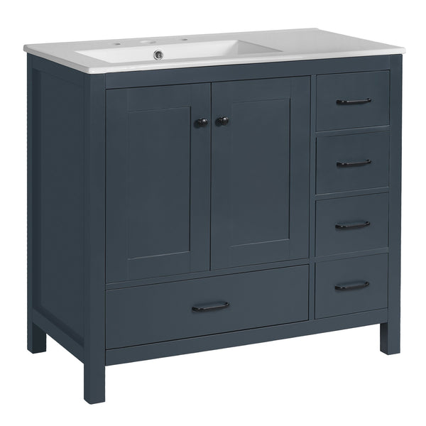 English Elm 36" Blue Bathroom Vanity with Ceramic Sink, 5 Drawers & Soft-Close Doors, Solid Wood Modern Storage N729P183735C