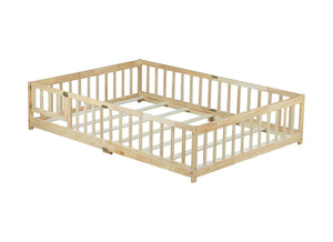 English Elm Full Size Rubberwood Floor Bed with Safety Guardrails and Latching Door for Toddlers Natural W504P429299