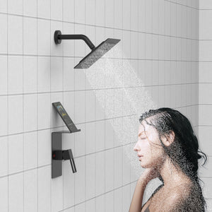 English Elm Shower 8" Square Rain Head Faucet Set with Single-Handle Mixer, 15" Arm, Rack Storage & Detachable Trim (Modern) Matte Black T3177P269146