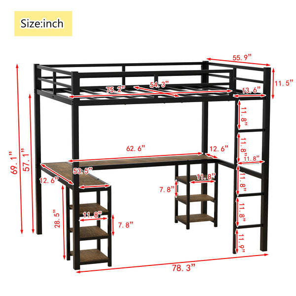 English Elm Full Metal Loft Bed With Vintage Wood Desk & Shelves - Stylish Space-Saving Solution For Bedrooms W1580S00040