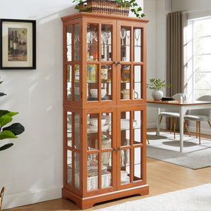 English Elm Curio Dark OAK Glass Cabinet with E26 Bulb, Vintage Lattice Doors, Adjustable Shelves, Sturdy Base W2275P292662