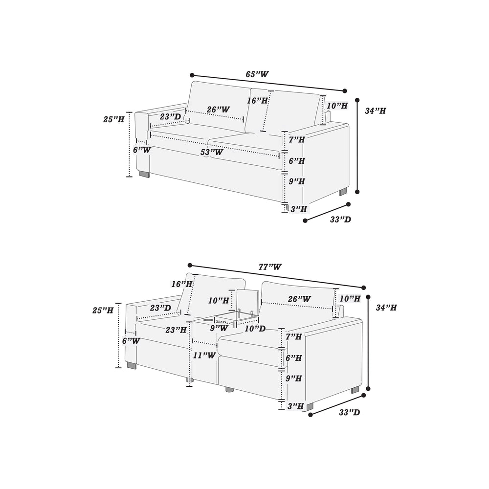 English Elm Elegant Wide-Welt Corduroy 2-Piece Sofa Set with Console Charging Station, Cup Holders, Loveseat Light Gray 33 L x 23 W x 36 H B011S01743