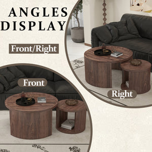 English Elm Round Nesting Coffee Tables Natural Wood Grain Scandinavian Set for Living Room W1727S00092
