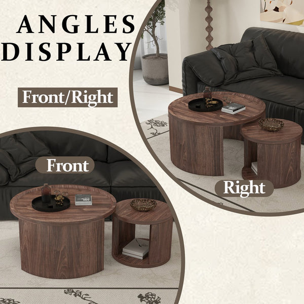 English Elm Round Nesting Coffee Tables Natural Wood Grain Scandinavian Set for Living Room W1727S00092