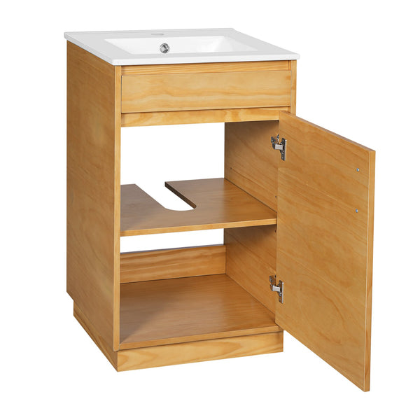 English Elm 20-inch Farmhouse Bathroom Vanity with Ceramic Sink, Freestanding Single Cabinet, Soft-Close Door, Adjustable Shelf, Natural Wood-Grain Finish N710P334910P