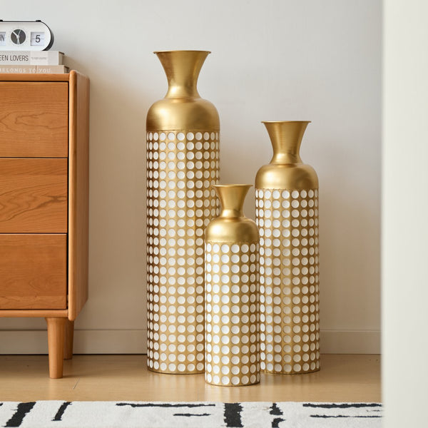 English Elm Metal Floor Vase Set of Three Golden Sculptural Cylinders for Modern Living Spaces W2796P386880