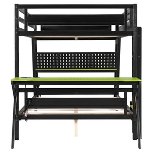 English Elm Full Size Gaming Bunk Bed with Dual Desks Usb Charging Ports and Pegboard Storage Green LT000274AAG