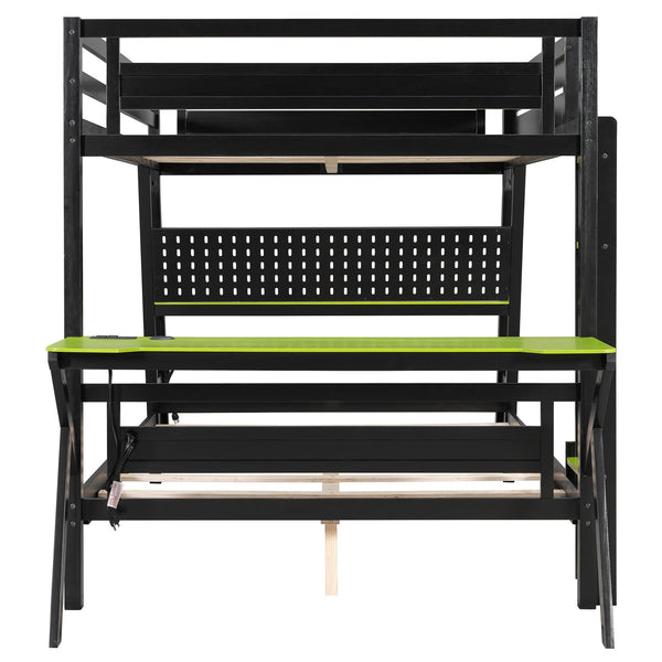 English Elm Full Size Gaming Bunk Bed with Dual Desks Usb Charging Ports and Pegboard Storage Green LT000274AAG