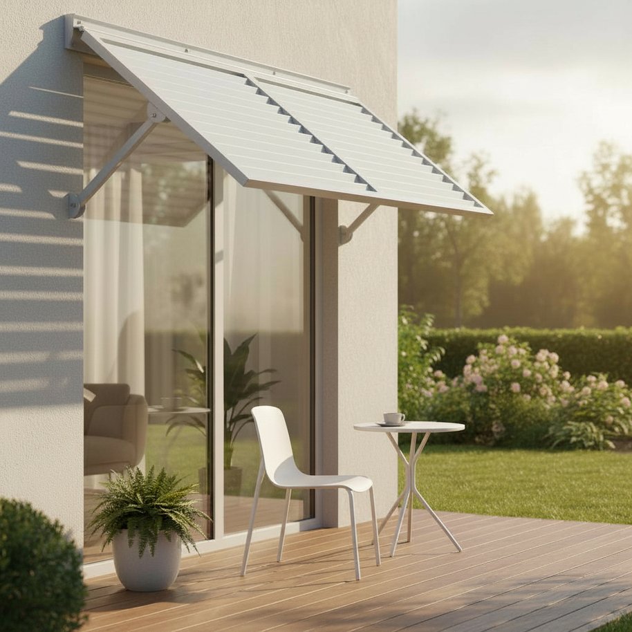 English Elm Haze Aluminum Outdoor Awning White Powder Coat Architectural Entry Door Weather Shield B2755P462220