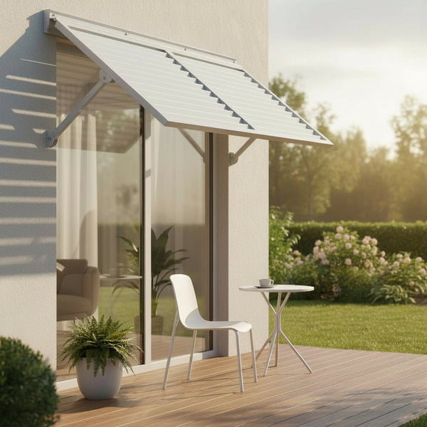 English Elm Haze Aluminum Outdoor Awning White Powder Coat Architectural Entry Door Weather Shield B2755P462220
