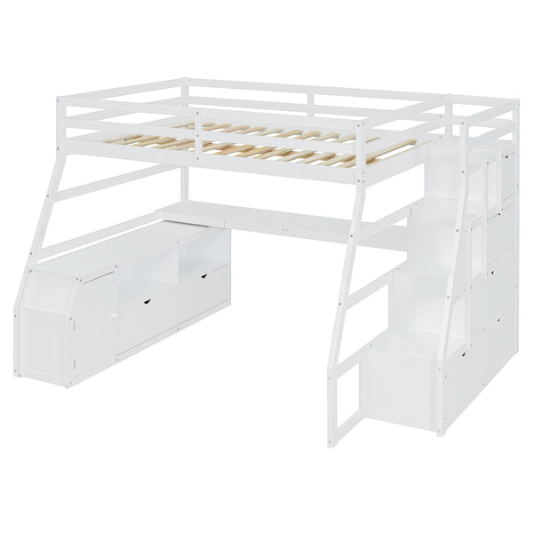 English Elm Full Size Kids Loft Bed with Integrated Desk Seven Drawers and Open Shelving White LT000649AAK-3