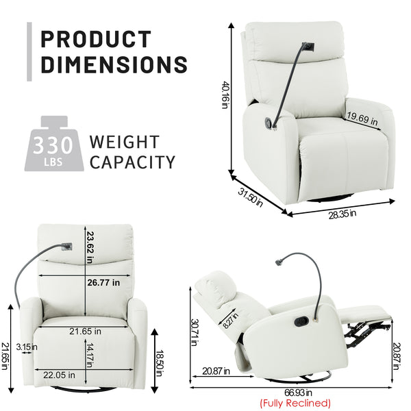 English Elm Rocking Recliner Chair 360° Swivel Glider with 95–160° Recline, Rocking & Phone Holder, Light Gray W1028P185203