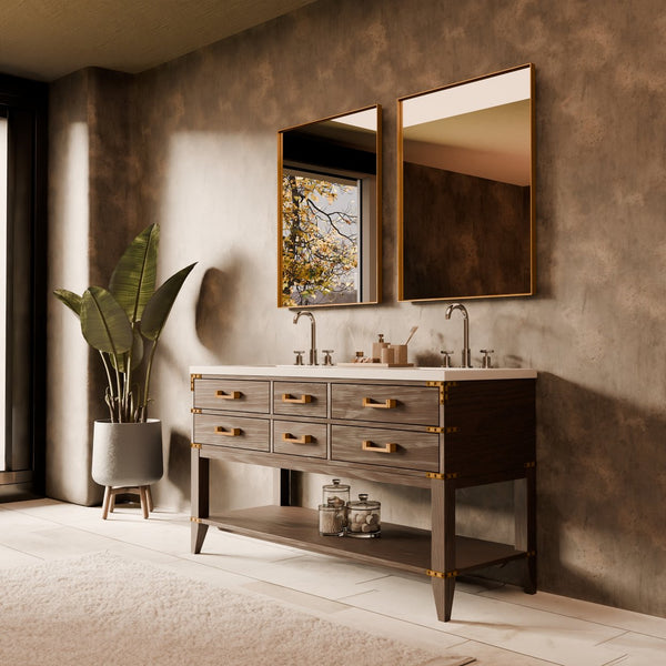 English Elm Brown Oak Double Bath Vanity With White Quartz Top & 28 In. Mirrors - Elegant Storage Solution! B2731S01632