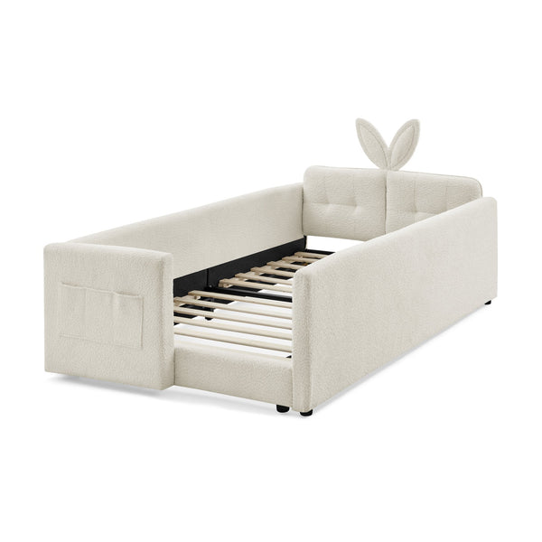 English Elm Twin Upholstered Platform Bed with Rabbit Ear Headboard, Safety Rail & Pocket, Bouclé Sofa Bed Design Beige W1413P307369