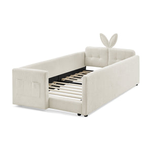 English Elm Twin Boucle Upholstered Kids Bed Whimsical Rabbit Ear Headboard with Safety Rail Beige W1413P407485
