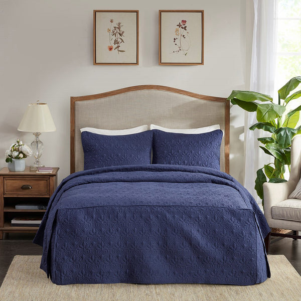 English Elm 3 Madison Park Quebec Quilted Bedspread Set King Navy Pleated Split Corners Antimicrobial Freshness Protection B035129057