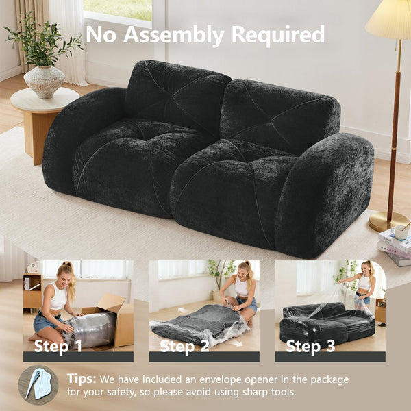English Elm Three Seater Chenille Sofa with Ottoman Solid Wood Base Tufted Arms Living Room Black W714S01647