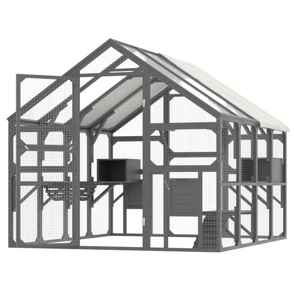 English Elm Large Walk-in Pine Catio Multi-cat Enclosure with Seven Platforms and Weatherproof Roof N704G201613E