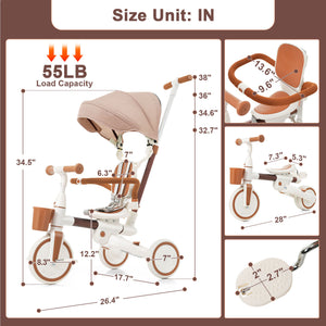 English Elm 7 in 1 Convertible Toddler Tricycle Aluminum Frame Push Trike with Rotating Seat Canopy Ivory N726P300636O