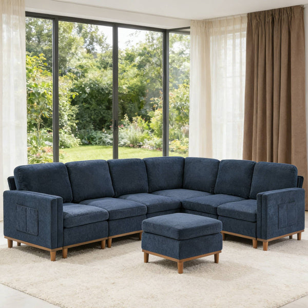 English Elm Modern Modular Sectional Sofa Plush Fabric Upholstery Reconfigurable Living Room Seating Blue W2085S00113