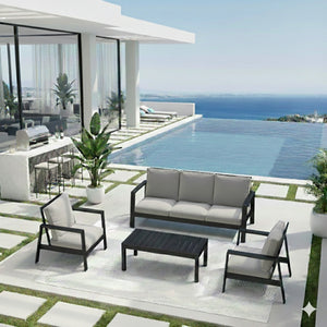 English Elm 4-piece Outdoor Conversation Set with Powder-coated Aluminum Frame and Plush Deep Cushions Black+Grey B082S00102
