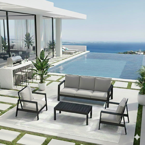 English Elm 4-piece Outdoor Conversation Set with Powder-coated Aluminum Frame and Plush Deep Cushions Black+Grey B082S00102