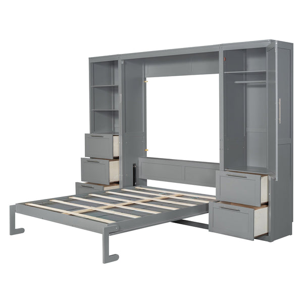 English Elm Queen Murphy Wall Bed with Wardrobe Drawers and Shelves for Studio or Guest Room Gray LP000865AAE-2