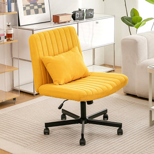 English Elm Yellow Linen Criss Cross Armless Office Chair with Wheels - Ergonomic Swivel, Adjustable Tilt, Luxe Upholstery W3394P329162