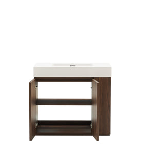 English Elm Galan Freestanding Bathroom Vanity Quartz Basin Fluted Wood Cabinet Modern Bath Walnut Brown W1865S00220