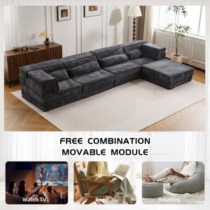 English Elm Compression Mahjong Sofa - Oversized Modular Floor Bed With Ottoman, No Assembly, Soft Fleece Fabric W3723S00037