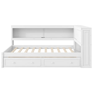 English Elm Full Pine Platform Daybed with Led Lighting Usb Charging Headboard Shelf and Drawers White N7090004032K