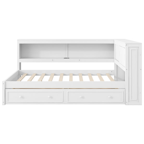 English Elm Full Pine Platform Daybed with Led Lighting Usb Charging Headboard Shelf and Drawers White N7090004032K