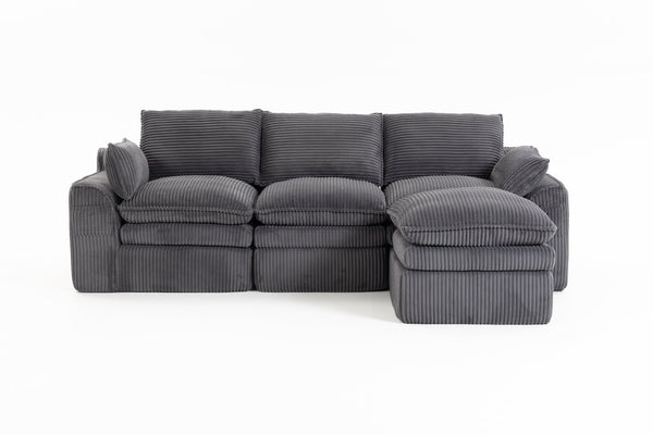 English Elm L Shaped Corduroy Modular Sectional with Cloud Cushions Footstool and Lumbar Pillows Gray W395S00140
